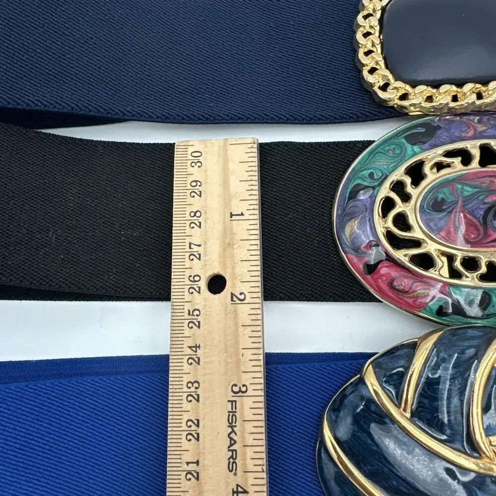 Set Of 3 Vintage 80s Lacquered Gold Tone Buckle Elastic Stretch Belts